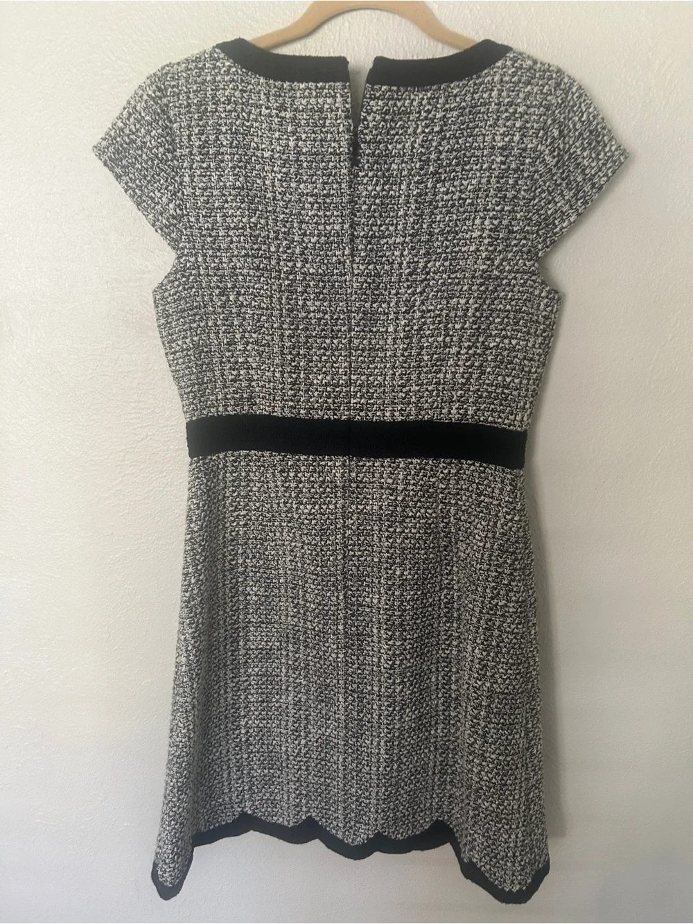 Kate Spade Black and Cream Tweed Scallop-Trim Cap Sleeve Dress